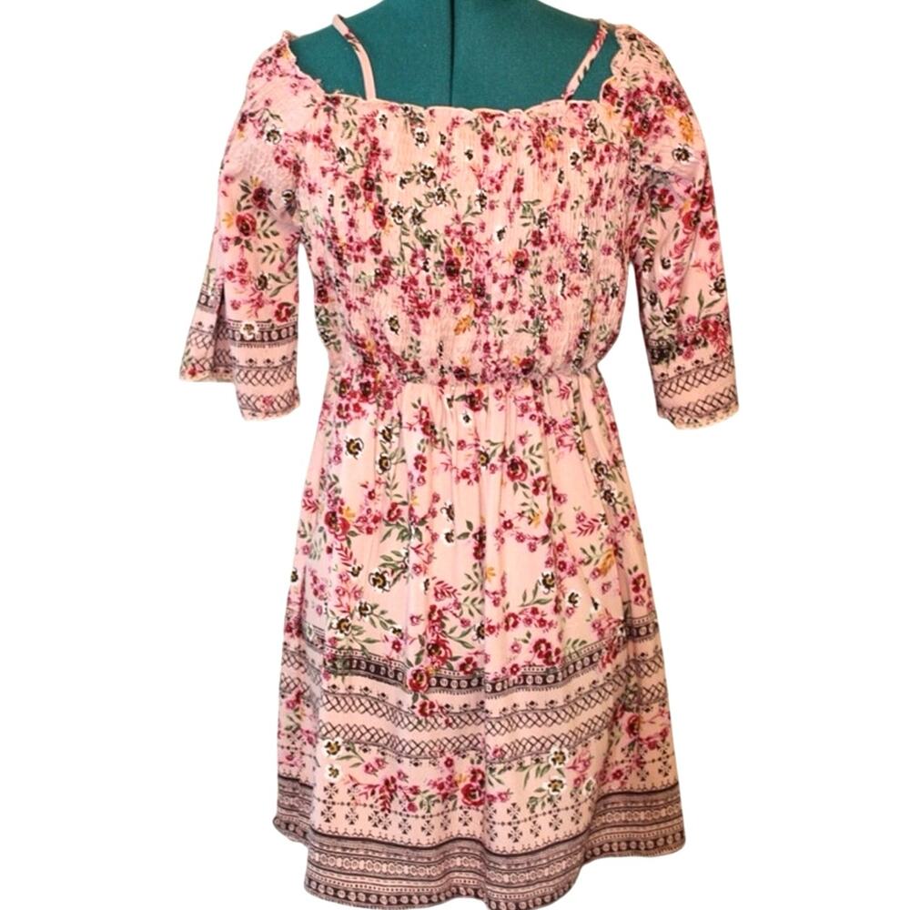 Angie Boho Floral Smocked Off Shoulder Mini Dress Pink Multicolor Women’s Large - Picture 2 of 7